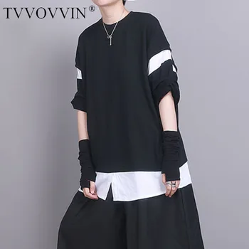 

loose Women Black Contrast Color Split Big Size T-shirt Round Neck Half Sleeve Fashion Tide Spring Summer 2020 WOM3
