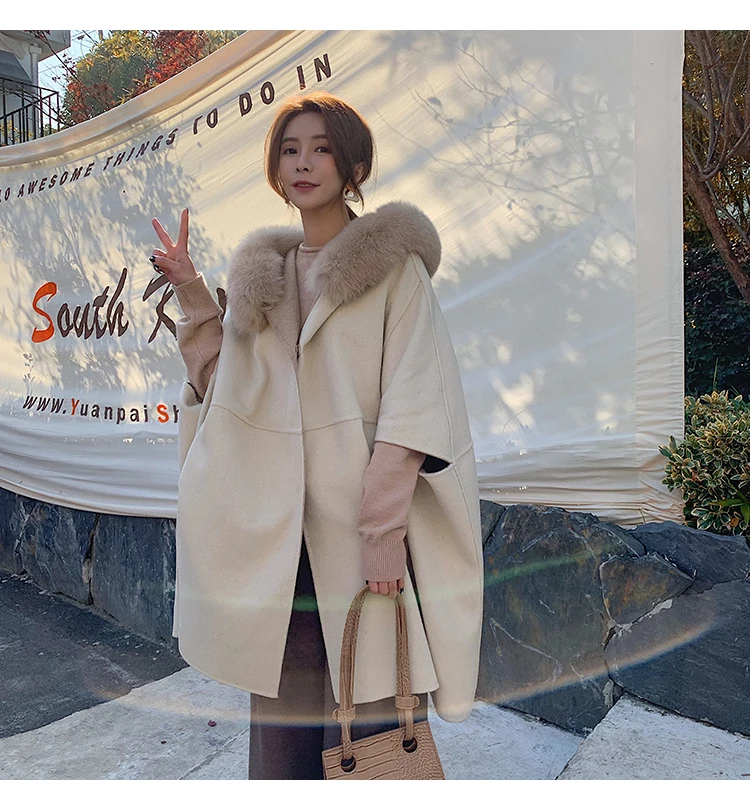 Новые осенние Для женщин Шерстяное пальто уличная длинная верхняя одежда, в Корейском стиле, куртка из натуральной кожи Большие размеры Лисий меховой воротник кашемирвое пальто женское