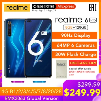Перейти на Алиэкспресс и купить Realme 6 Pro глобальная Версия 8 ГБ ОЗУ 128 Гб ПЗУ Snapdragon 720G 30 Вт флэш-зарядка 4300 мАч 64 мп камера NFC EU зарядное устройство Play Store
