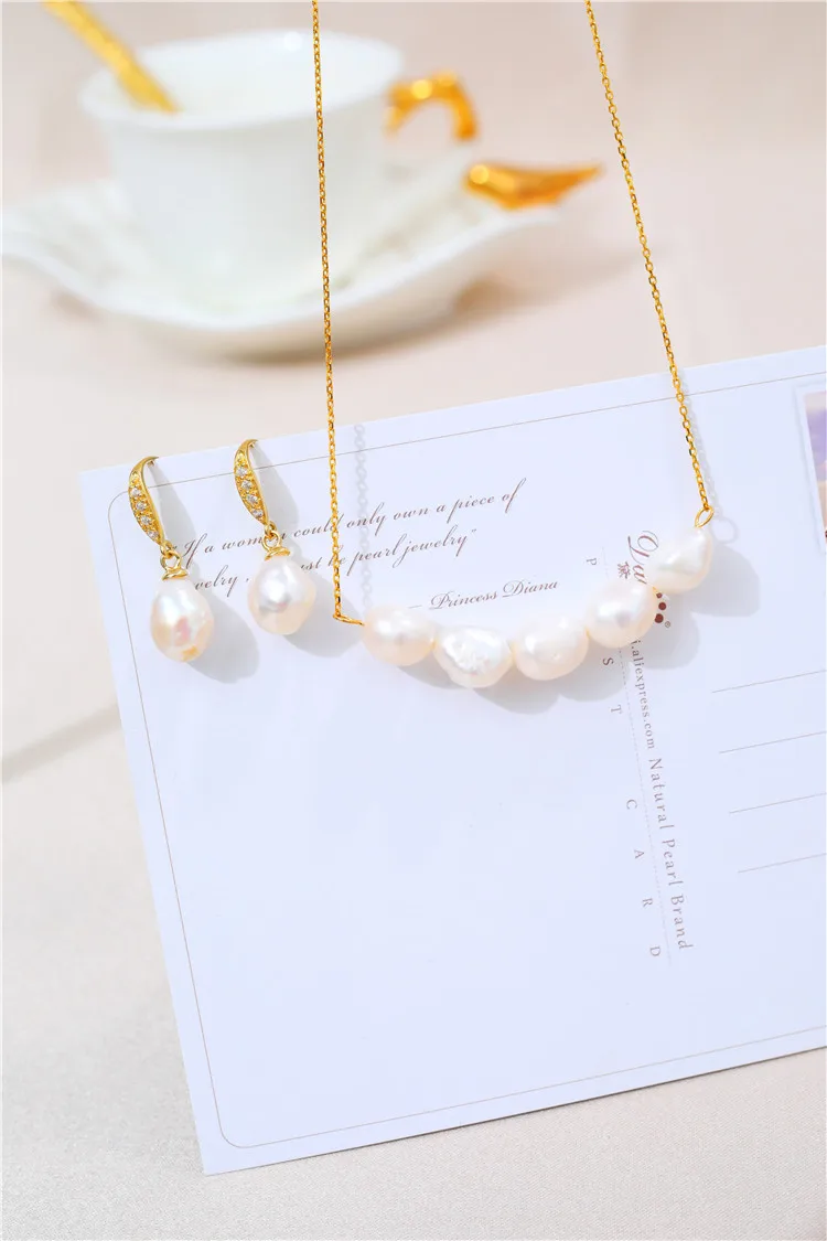 DAIMI 11-12mm Baroque Pearl Jewelry Sets S925 Sterling Silver Pendant/Earrings Sets For Women - Цвет камня: White