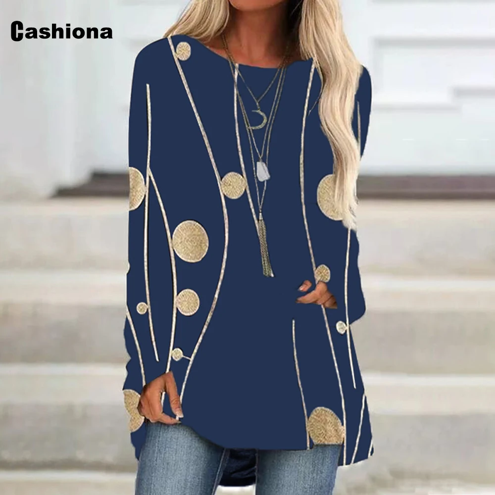 Plus size 4xl 5xl Women Dot Stripe Printed Top Lady Elegant Leisure Casual Long T-shirt Autumn Round Neck Loose Tees Shirt Femme