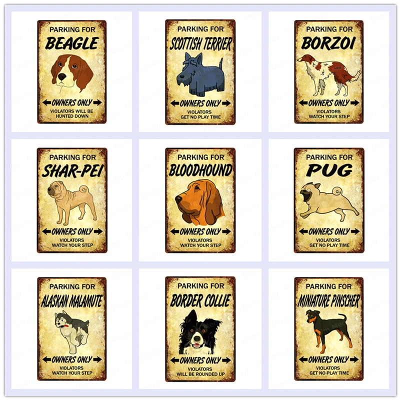 

Parking for Pet Dog Vintage Plaque Beagle Metal Tin Signs Pub Bar Cafe Home Decor Borzoi Shar-Pei Brittany Wall Art Poster N357