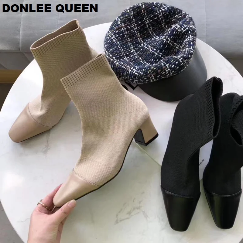

Fashion Slim Stretch Ankle Boots Women Round Toe Sock Boots Low Heel Stretch Knit Boots Elegant women's shoes zapatos de mujer