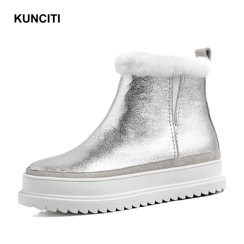 KUNCITI/; женские ботинки; зимние ботинки на платформе; меховые ботинки для женщин; дизайнерская обувь на меху в европейском стиле; высокое качество; Новинка; D9203 - Цвет: Silver