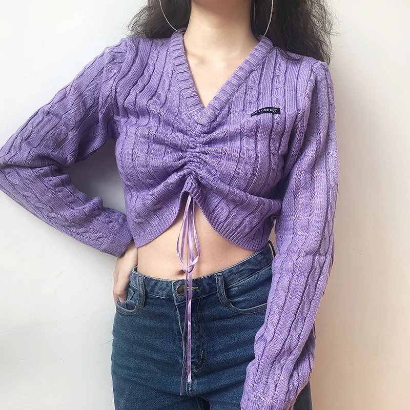 

2019 Women V Neck Wrap Knit top Tie Waist Rib Knit Top Drawstring Cable Knit Jumper Crop Knit Pullover Knitted Top