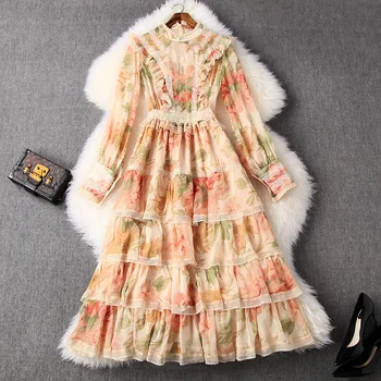 

New European and American women's dresses for spring 2020 Lantern sleeves long sleeves Cascading printing Fashionable dress