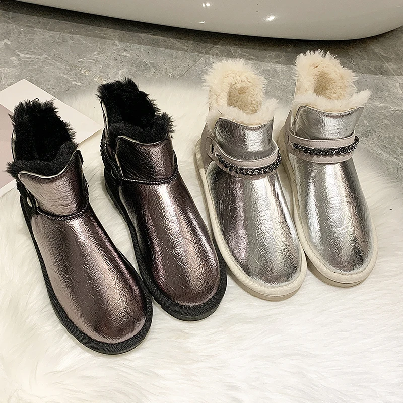 Rimocy fashion winter silver patent leather womens boots high platform thick long plush warm snow boots woemn cotton shoes