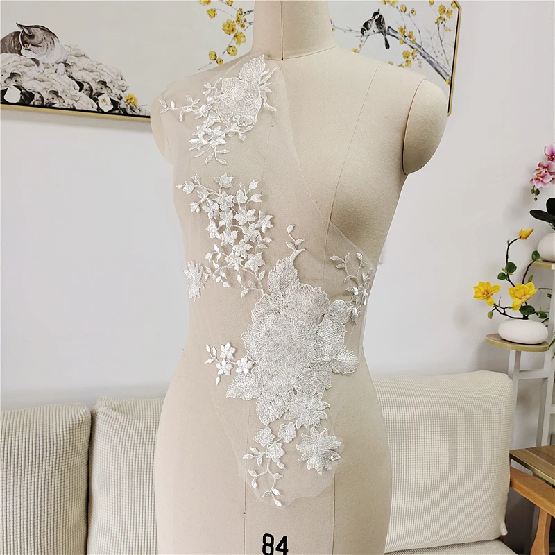 

Large Sequins beaded lace appliques for wedding dresses white mesh lace appliques patches Embroidery patch lace flowers