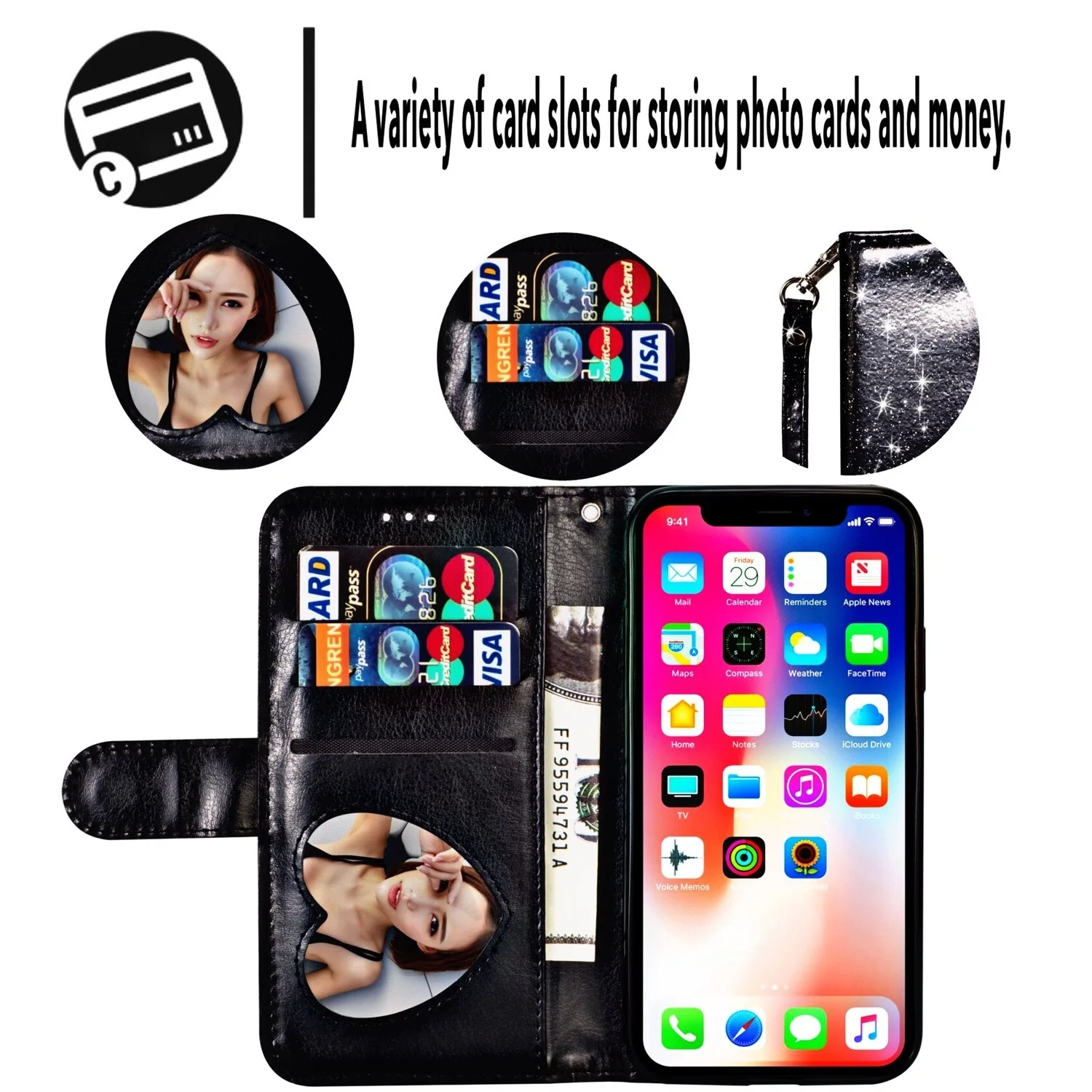  For iPhone 7 Case For iPhone 6 6s 7 8 Plus Flip Wallet Cases With Zip For iPhone XR XS Max Soft TPU PU Glitter Luxury Cover