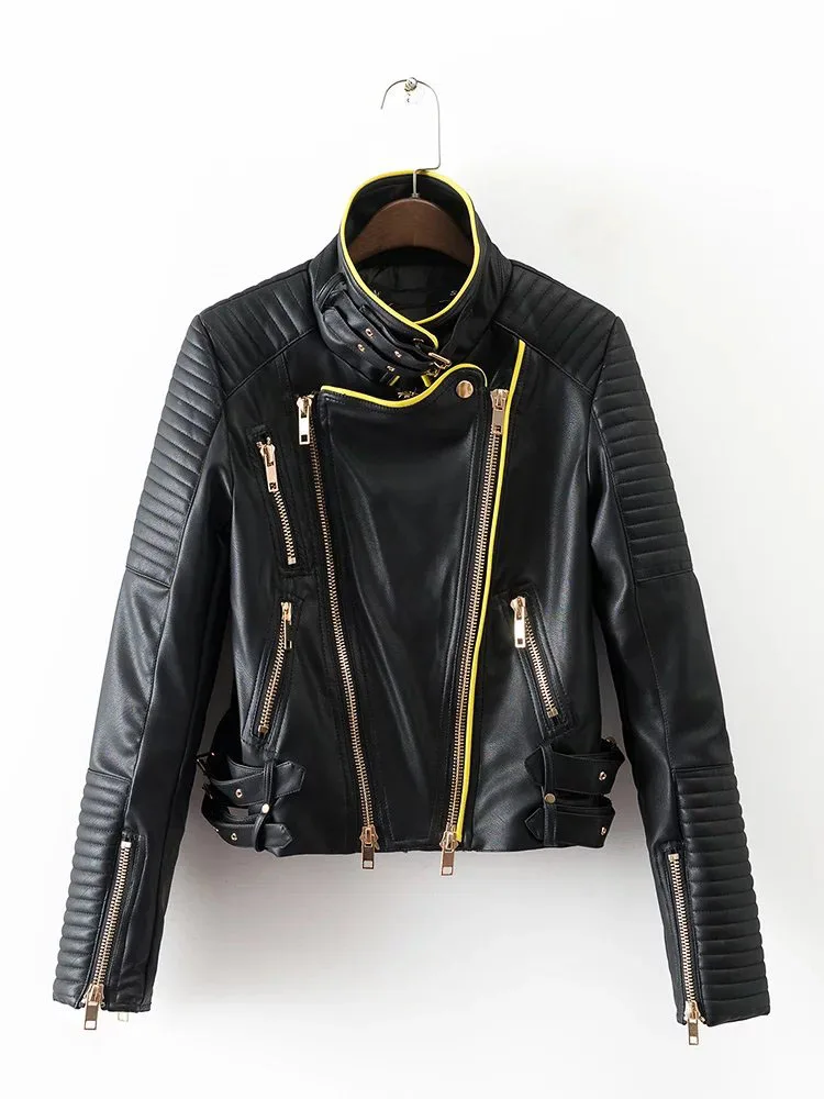 

Luxury Women Golden Zippers Belts Design Leather Jacket Autumn Fashion Female Button Pockets Coats Casual Outerwear