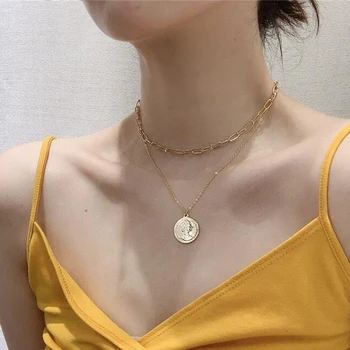 

Vintage Carved Gold Coin Roman Necklace For Women Bohemian Pendant Necklaces Boho Double Chain Jewelry Statement Necklaces