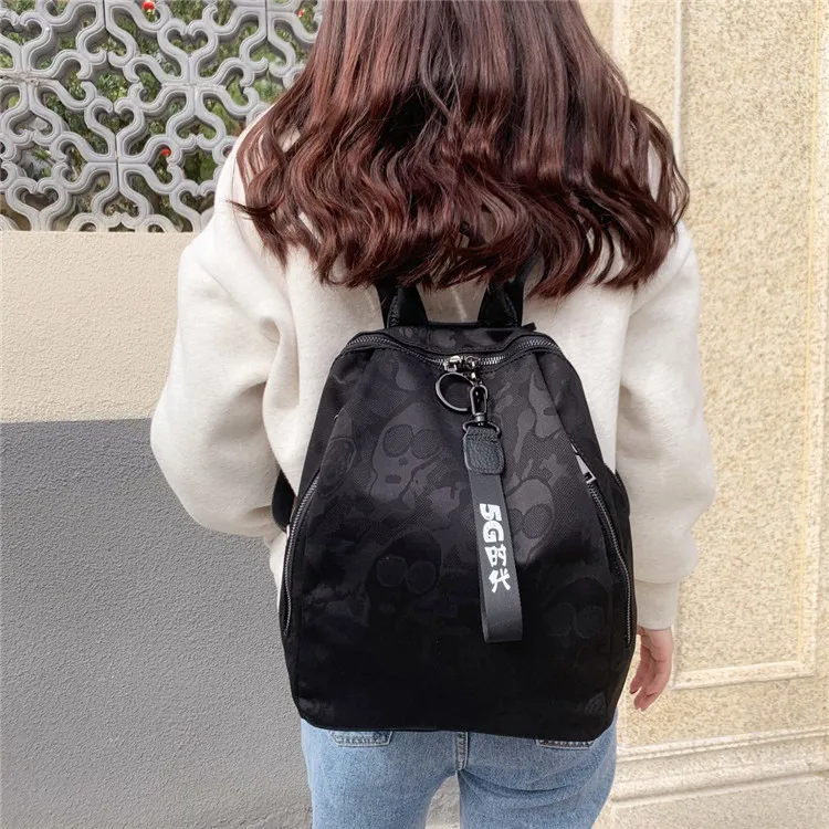 

2020 New Style Backpack Korean-style Skull Printed Nylon Fabric Special Fabric with Leather Casual Backpack
