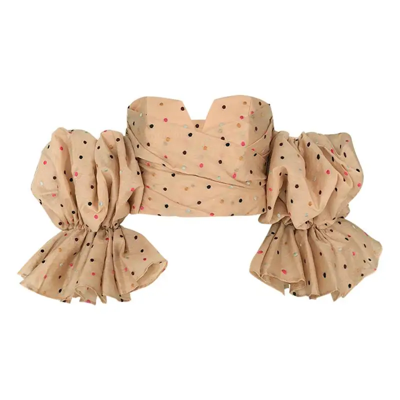 В горошек с открытыми плечами для женщин без бретелек с пышными рукавами пикантные топы короткие женская модная одежда
