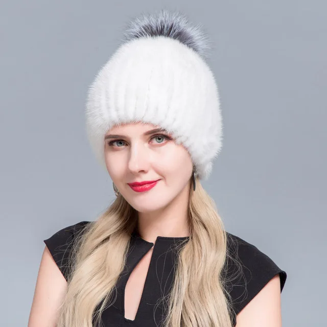 JINBAOSEN neue verkauf pelz hute frauen neue pelz hюте фюрс зима настоящий nerz hut silber fuchs pelz pom poms gestrickte beani - Цвет: COLOR5