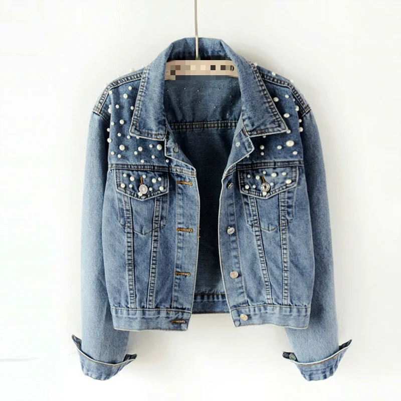 Women Pearl Embellished Denim Jacket With Long Sleeve JKP4722