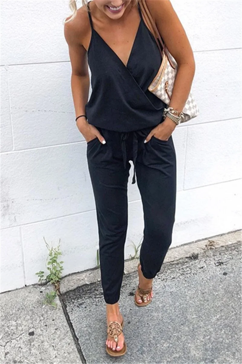 New Arrival Sexy Spaghetti Cross Strap Lace Up Jumpsuits Summer Women V Neck Solid Casual Sleeveless Pockets Long Romper Female