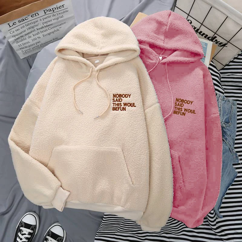 

Lamb Wool Plus Velvet Thick Sweater Letter Printing Hoodies Oversize Fall Winter Pullovers Loose Pocket Long Sleeve Sweatshirts