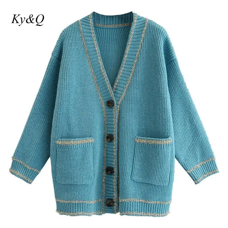 Runway Women 2019 Winter Lazy Style V-neck Cardigan Bright Silk Thick Pockets Female Knit Loose Warm Wearing Sweater Coat Tide |