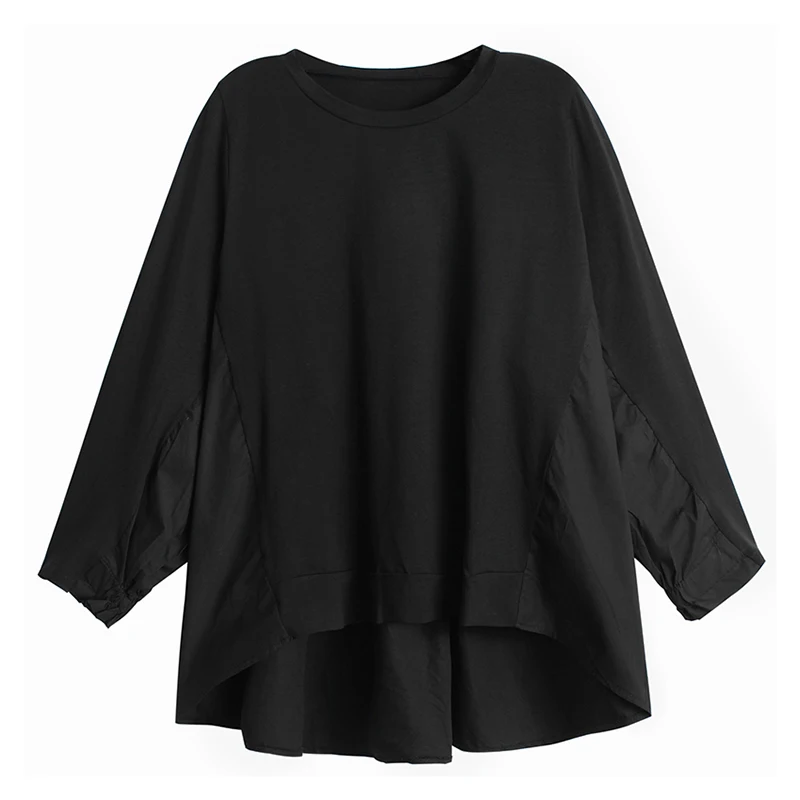 [EAM] Women Black Irregular Pleated Big Size T-shirt New Round Neck Long Sleeve  Fashion Tide  Spring Autumn 2020 1DA567
