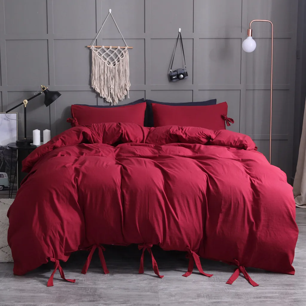 

Ouneed One Quilt Cover Two Pillow Covers Washed Cotton Solid Color Soft Comfortable Bedding Three-piece Bed Cover (No Sheets)