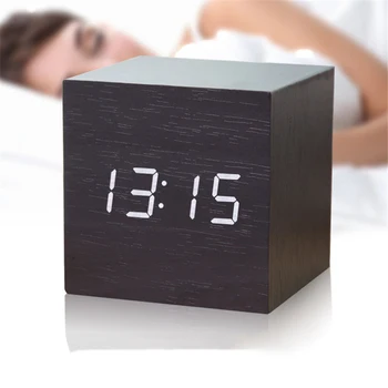 

Digital Wooden Square LED Alarm Clock Retro Clock Table Decor Voice Control Snooze Function Desktop Home Decor Clock