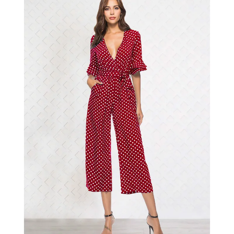 Женские летние модные комбинезоны Boho OL в горошек с коротким рукавом и поясом, повседневные Свободные Комбинезоны в горошек, Комбинезоны - Цвет: Бургундия