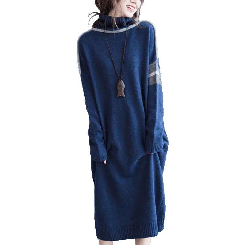 Dark blue Осенне-зимнее новое трикотажное платье, женские свободные свитера с воротником-хомутом, женские модные платья для снижения возраста размера плюс - Цвет: Dark blue