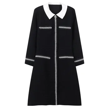 

Runway A-line Knitted Vestidos Women Midi Dress Slim Elegant Wrist Sleeve Button Female Turn-Down Collar Office Ladies Dress