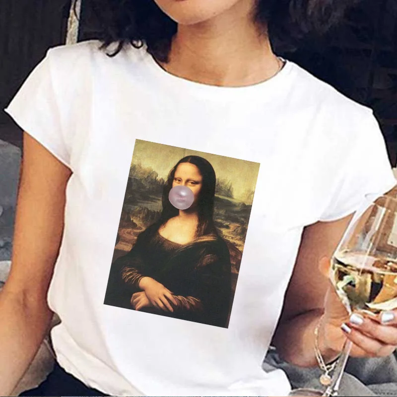 

Mona Lisa 2019 new Summer Short Sleeve Printed T shirt statue Bubble gum chewing gum print Fun Harajuku tshirt Plus size T-shirt