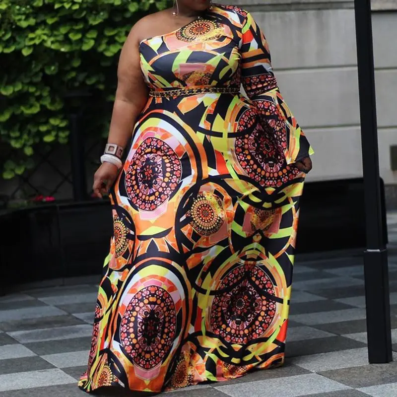 

Sexy Vintage Print Brown Dress Women Long dresses One Neck Autumn Enthic Elegant Party Club Large Size Robe 4XL 5XL