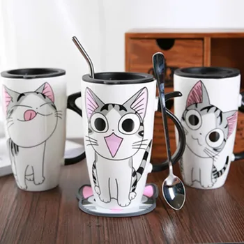 

600ml Cute Cat Ceramics Coffee Mug with Lid Spoon Large Capacity Coffee Mugs Creative Drinkware Coffee Tea Milk Cups Lover Gift