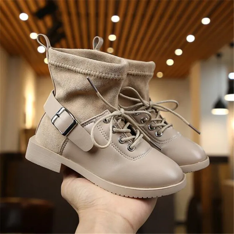 ULKNN Children Boots Leather Autumn Winter Kids Boots Lace-Up Boys Girls Snow Boots Shoes Child Martin Boots - Цвет: Хаки