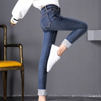 

Jeans Women Plus Velvet Thickening High Waist Jeans High Elastic Plus Size Stretch Jeans Washed Denim Skinny Pencil Pants JIA438