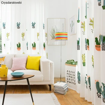 

Customized Curtains for Living Room Cactus Embroidered Window Curtain Cotton Linen Cortinas Sheer Tulle Curtains for Bedroom