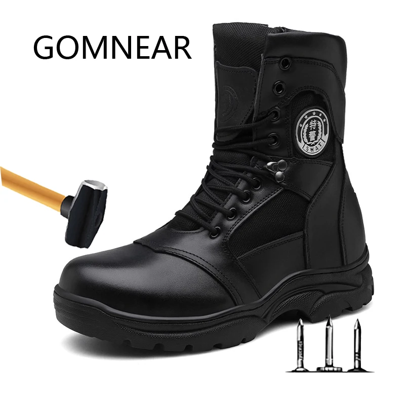 GOMNEAR Genuine Leather Hiking Boots Military Desert Combat Breathable