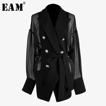 

[EAM] Women Black Mesh Stitch Double Breasted Blazer New Lapel Long Sleeve Loose Fit Jacket Fashion Spring Summer 2020 WM25001