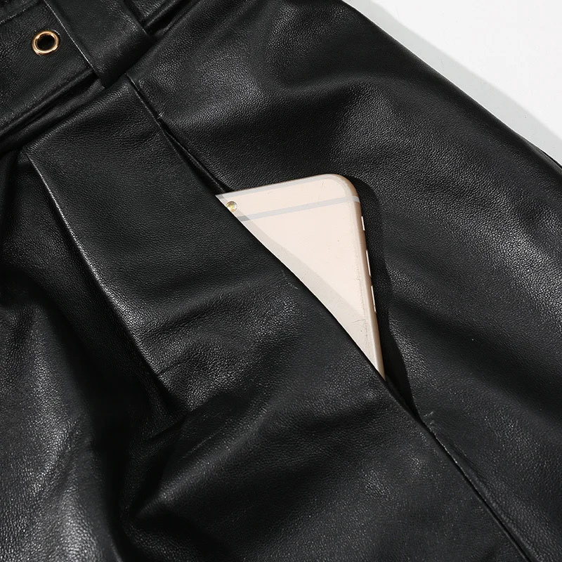 

2020 Autumn Genuine Leather Women High Waist Loose Plus Size Casual Sexy Vintage Black Shorts Femme Belt Office Lady