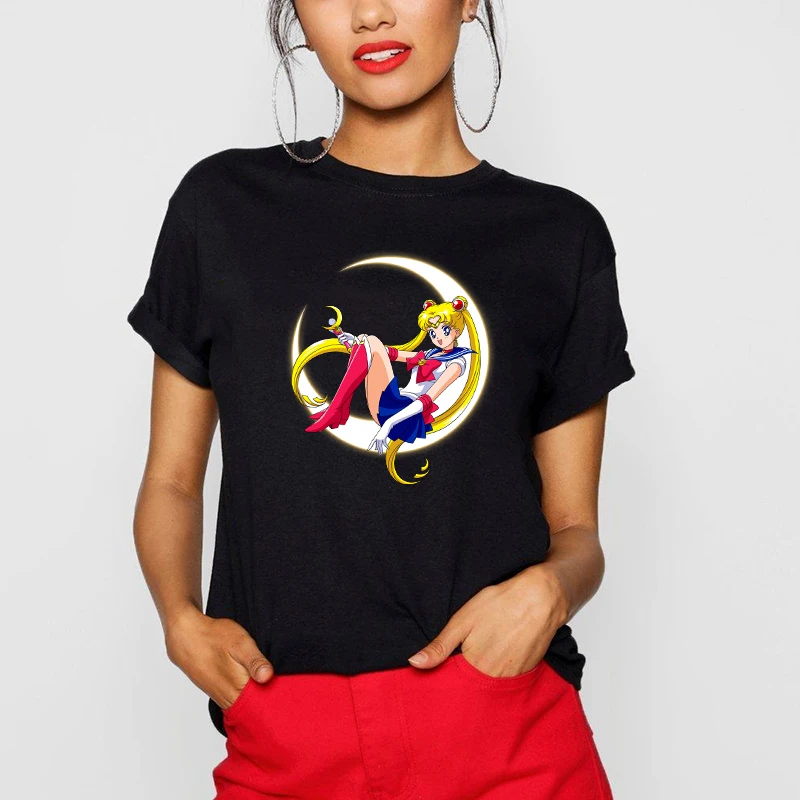 

Sailor Moon Black T Shirts Women Harajuku Clothes Casual Cotton Short Sleeve Tops Kawaii Anime Print Camiseta Verano Mujer 2019