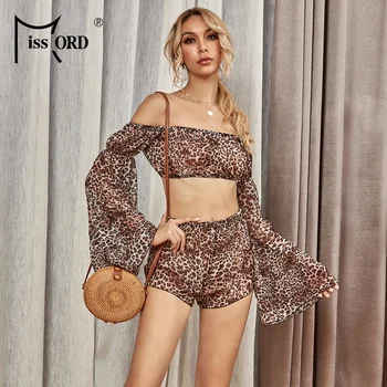 

Missord 2020 Summer Slash Neck Leopard Print 2pcs Women Set Off the Shoulder Chiffon Flare Sleeve Women Set FT18465
