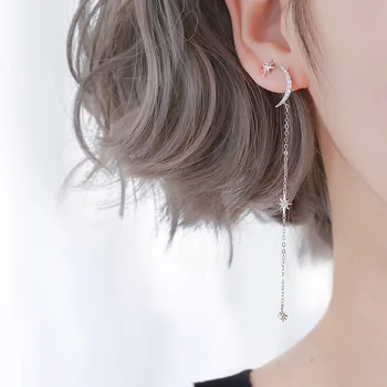 

Fashion Jewelry Long Tassel Asymmetry Crystal Star Drop Earrings For Women 925 Sterling Silver Earrings oorbellen eh331