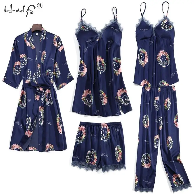 Navy Blue Женские пижамы, 5 шт., атласная пижама, шелковая Домашняя одежда, домашняя одежда, вышивка, Пижама для сна, пижама, халат и ночная рубашка, комплект - Цвет: Navy Blue