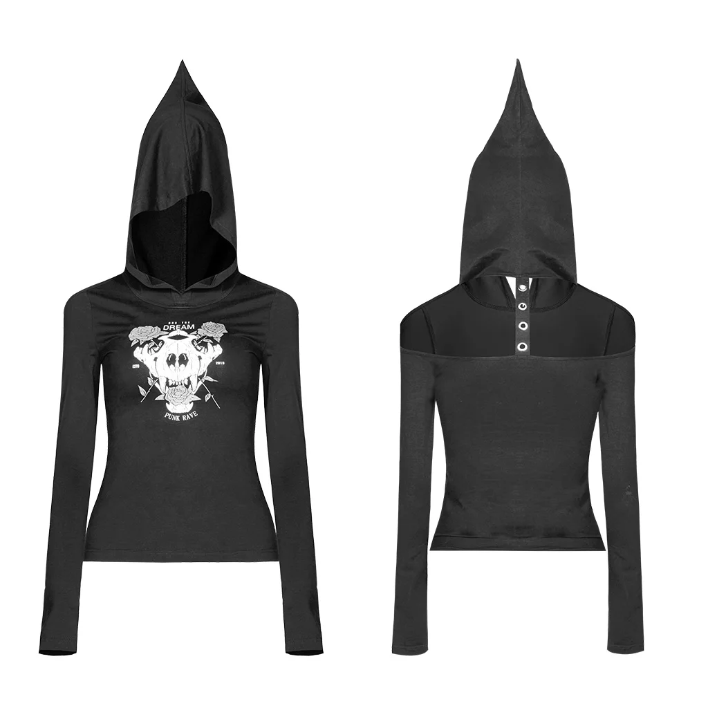 Панк рейв Женская Ghosthead печатная Футболка с крышкой сексуальный с открытыми плечами дышащий Тонкий облегающий металлический топик украшения мозолей