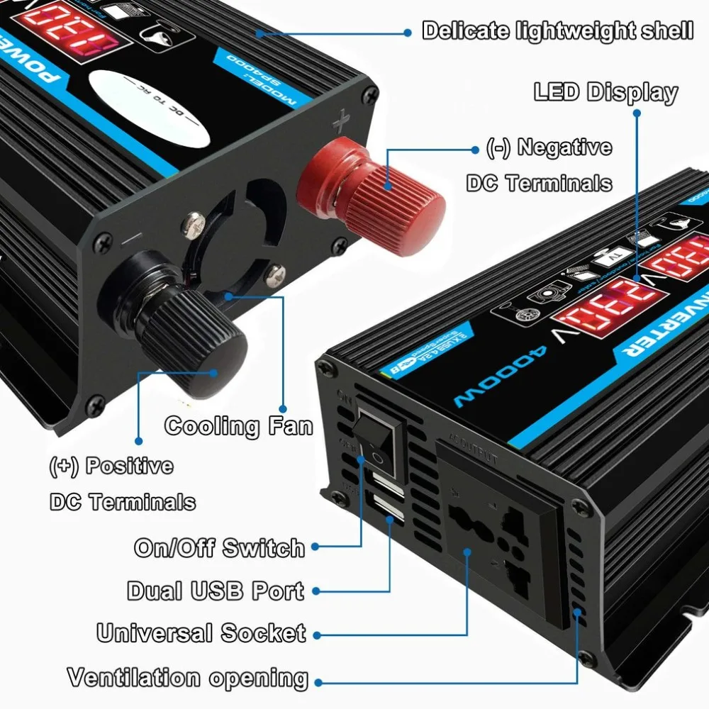 4000W 12V to 220V/110V LED Car Power Inverter Converter Charger Adapter Dual USB Voltage Transformer Modified Sine Wave 4000W 12V to 220V/110V LED Car Power Inverter Converter Charger Adapter Dual USB Voltage Transformer Modified Sine Wave