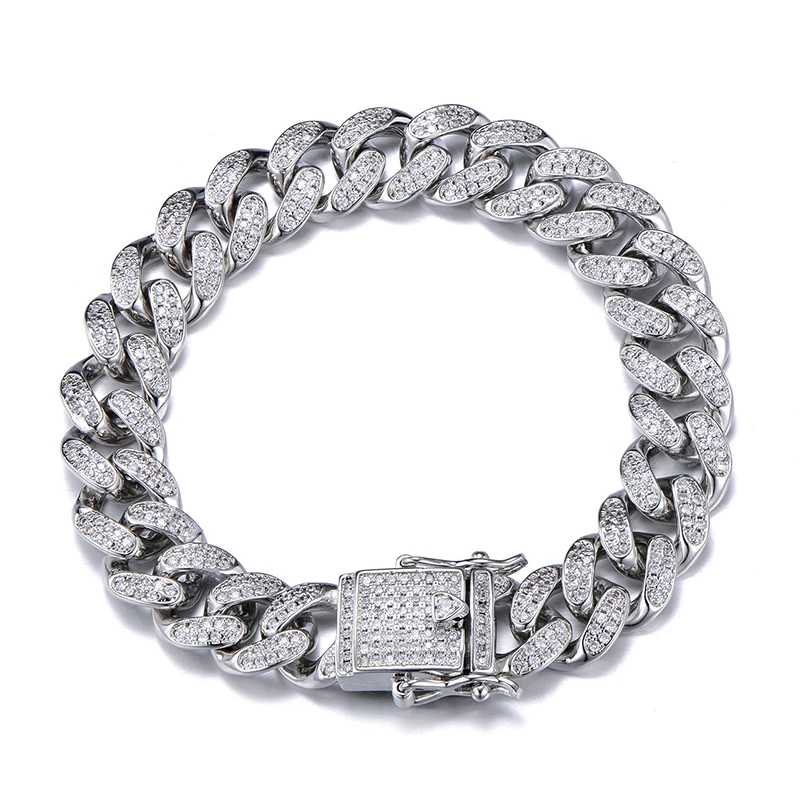 Silver Bracelet Хип-хоп, 12 мм, полностью покрыто льдом, AAA, цирконий, медь, CZ, кубинское звено, цепочка, ожерелье, браслет для мужчин, рэппер, ювелирное изделие, золото, серебро, цвет - Metal Color: Silver Bracelet