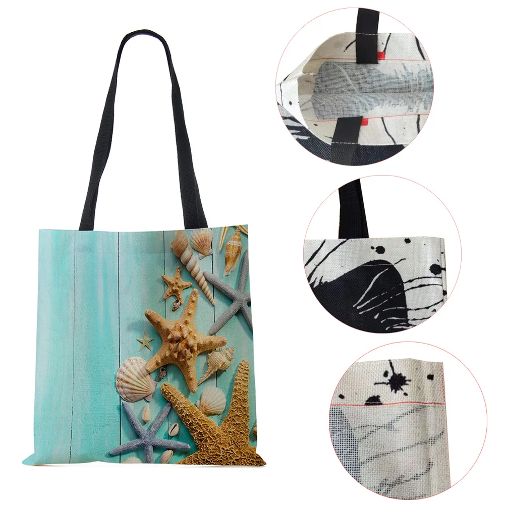 Ladies Shoulder Bag Blue Ocean Starfish Beach Sand Prints Tote Bag Linen Fabric Beautiful Casual Practical Handbag