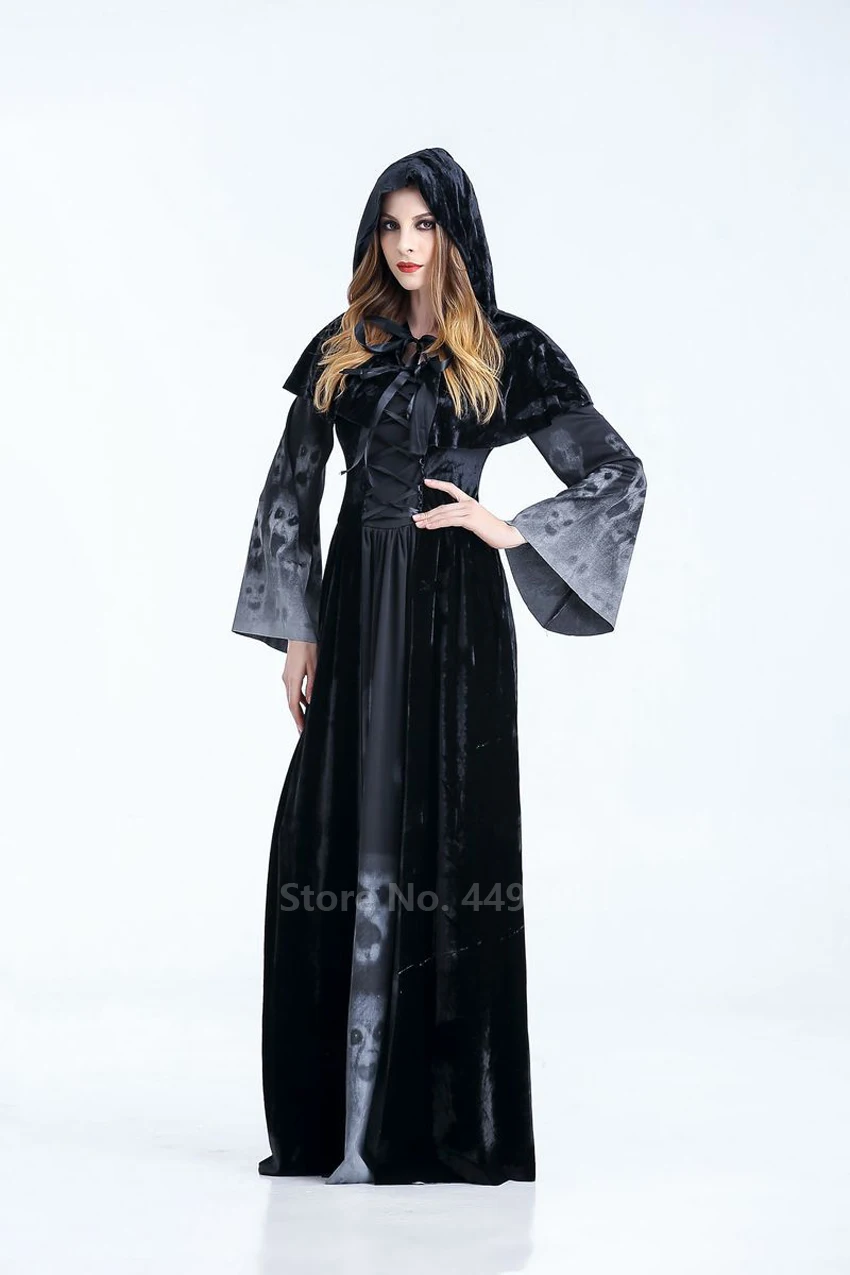 Хэллоуин женский средневековый готический костюм ведьмы Maleficent ужас страшный карнавальный костюм вечерние длинные черные платья с капюшоном