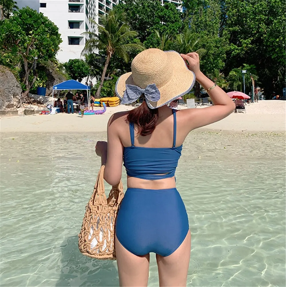 Sexy High Waist Bikini Women Solid Swimwear Bandage Biquini Push Up Swimsuit Crop Top Bikinis Belt Bathing Suit Pad Beachwear