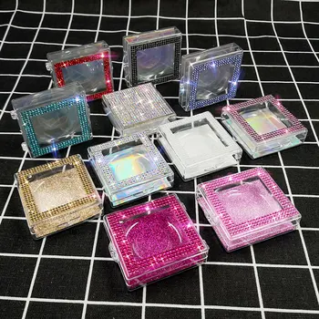 

10mm-25mm Square Diamond False Eyelash Packaging Box Fake 3d Mink Eyelashes Boxes Case Lashes Empty Bulk Box With Diamond