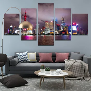 

HD 5 Piece Set Of Printed Posters Shanghai Oriental Pearl Tower High-rise Building Landscape Home Decoration Living Room Mural