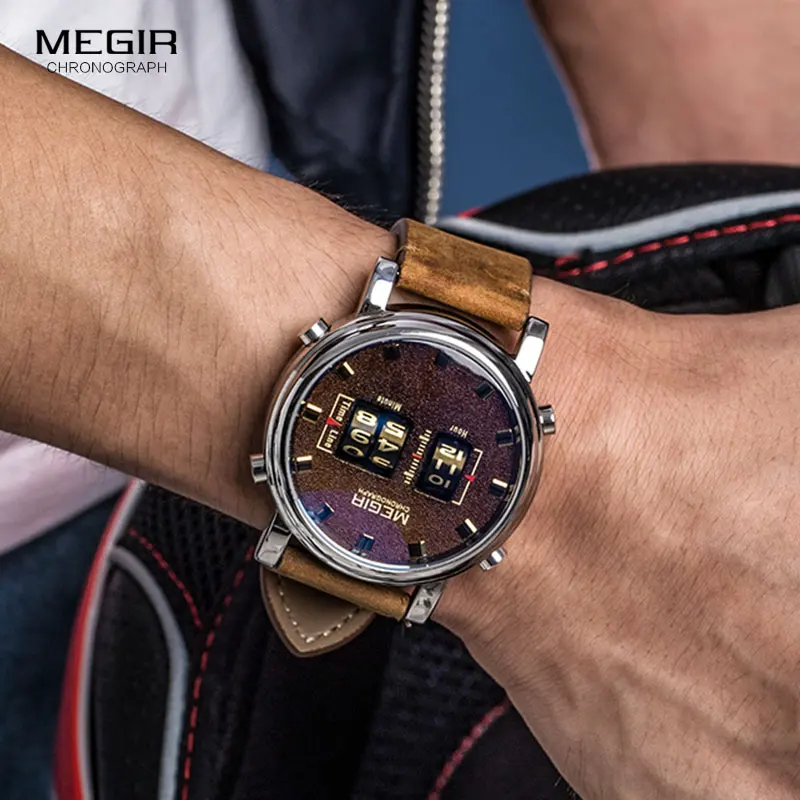  MEGIR 2019 New Top Band Watches Men Military Sport Brown Leather Quartz Wrist Watch Luxury Drum Rol